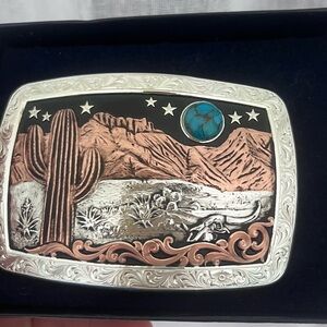 Montana Silversmiths Desert Moon Turquoise Cactus Ornate Silver Belt Buckle